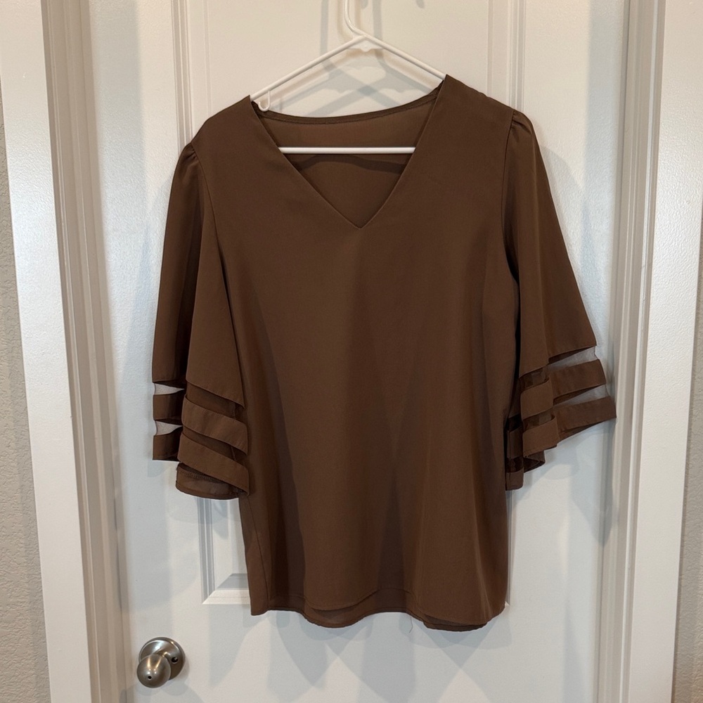Brown V-Neck Flutter Sleeve Top